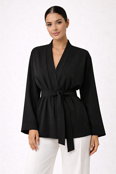 Glowear Atelier Women's Black Kimono Jacket - Oversized Belted Woven Summer F...