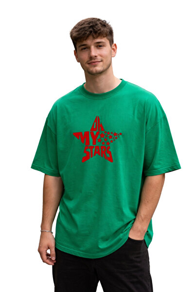 DUBU BUTİK Unisex Oversize T-shirt με στάμπα Green Star Star 100% βαμβακερό φ...