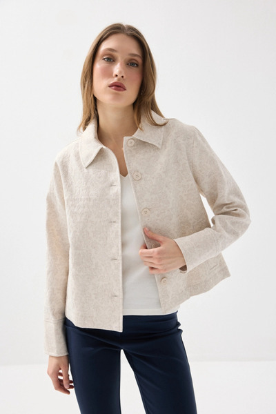 Gusto Gömlek Yakalı Astarsız Jakar Desenli Ceket - Bej