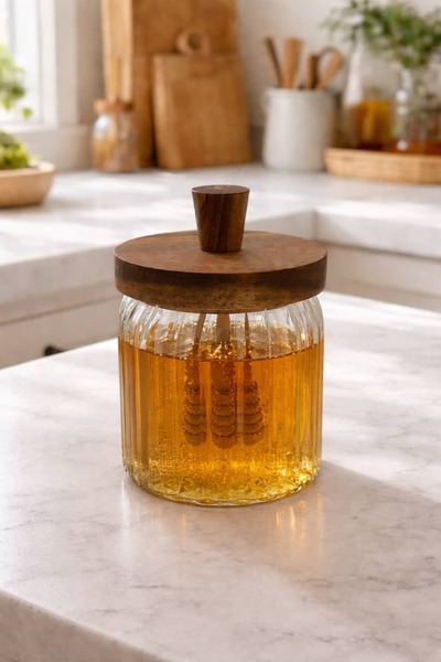 BUCOLIC Striped Glass Honey Jar with Acacia Lid and Spoon