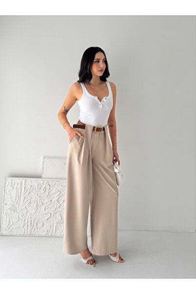 02Lady Fashion Κομψό παντελόνι με πιέτες στη μέση, φαρδιά μπατζάκια και ψηλόμ...