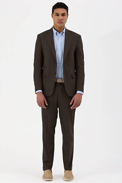 Score Michail Men's Dark Brown Striped Wool Suit 10007-09