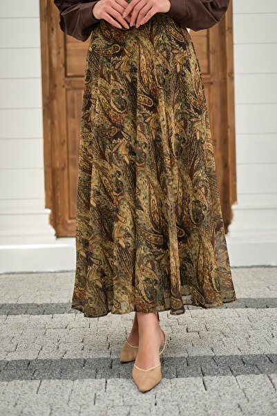 LOCCO Γυναικεία φούστα σιφόν με έθνικ σχέδιο πράσινη