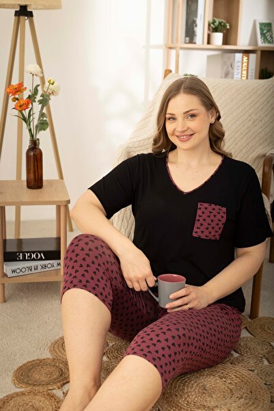 Black Ring Viscose Short Sleeve Plus Size Capri Pajamas Set