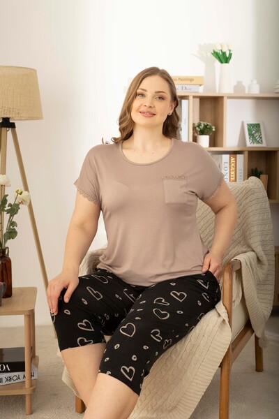 Miss Meryem Vizon Ring Viskon Kısa Kol Büyük Beden Kapri Pijama Takım