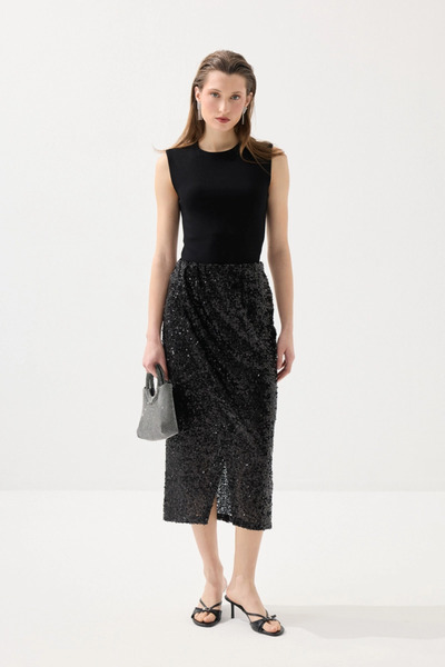Gusto Fusta lungă premium cu paiete - Negru