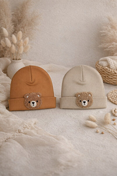 tinitins Soft Textured Baby Beanie with Teddy Bear – Beige & Brown