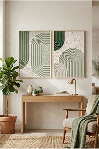 Tuba VİTA Doğal Ahşap Çerçeveli Yeşil Geometrik Soyut Modern Duvar Tablosu 2’...