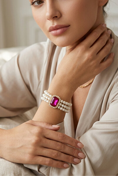 Happyline Glass Pearl Fuchsia Baguette Stone Gold Plated Pearl Choker Bracele...