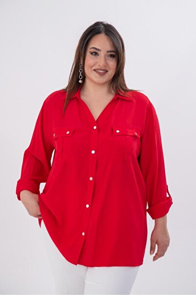 Roxxlen Women's Plus Size Pocketed Shirt with Snap Detail Red