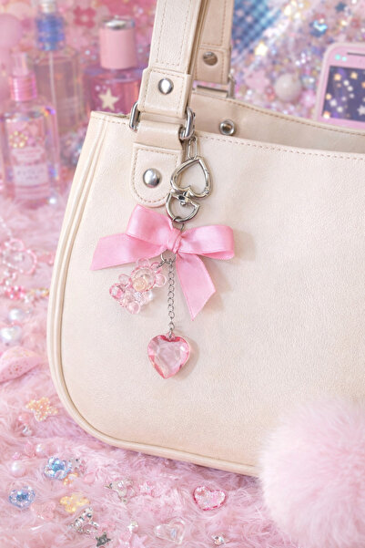 MİRAZ TASARIM Y2K Style Pink Bow Teddy Bear Bag Alarm & Keychain with Heart K...