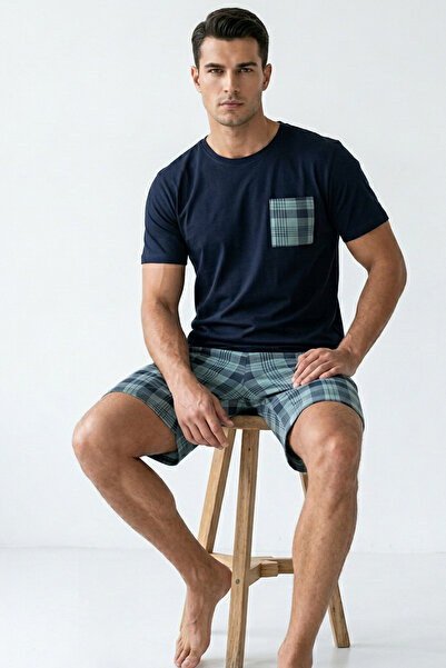 Siyah İnci Navy Blue Green Plaid Patterned Pocket Embroidered Knitted Shorts ...