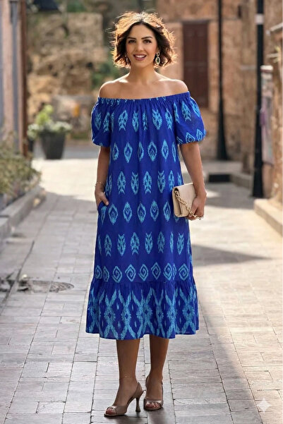 Nevin Kaya Moda V136-Μπλε φόρεμα με γιακά Μαντόνα με σχέδια Ανατολίας