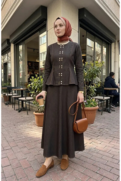 sefamerve Σετ Τζιν Σακάκι και Φούστα 71482-02 Καφέ