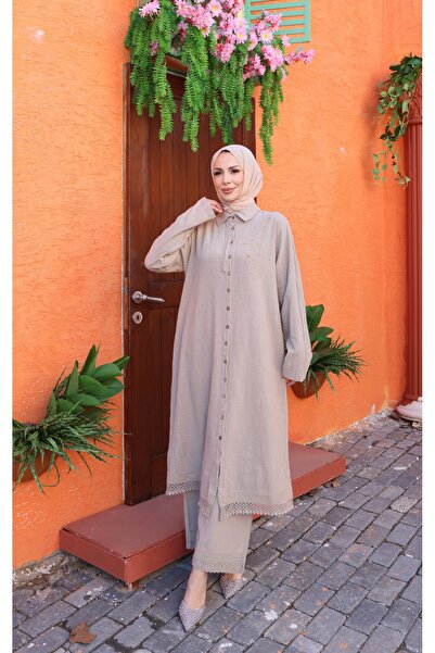 MODAMÜNASİP Σετ από 100% βαμβακερό λινό με λεπτομέρεια κεντήματος με κορδόνια