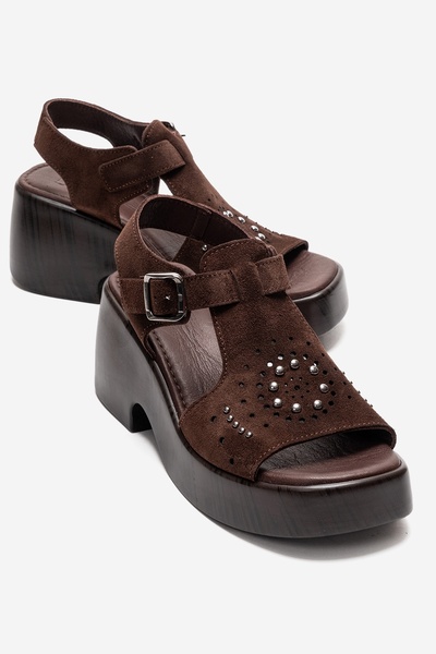 LuviShoes Γυναικεία πέδιλα με τακούνι πλατφόρμας ROMINA από γνήσιο δέρμα καφέ...