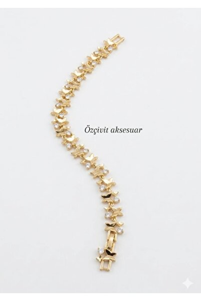 Butik Kelebek Detaylı Taşlı Gold Bileklik