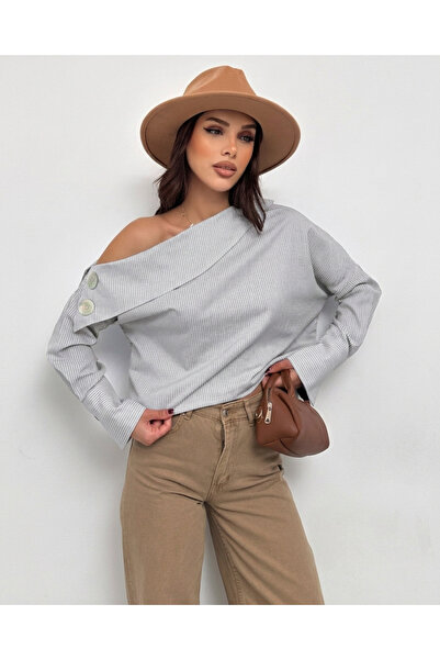 XELA Γυναικείο πουκάμισο με λεπτομέρεια με κουμπιά, ασύμμετρο γιακά και μακρυ...