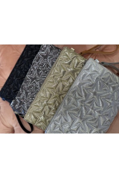 efnanstore Yıldız Desenli Siyah Portföy & Clutch Çanta Çıkarılabilir Bileklik Askılı 30 x 19 cm