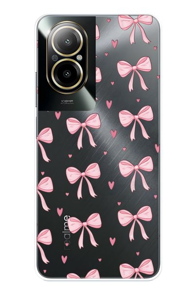 FLAMENKO Realme 12 Lite Compatible Pink Bow Patterned Transparent Phone Case