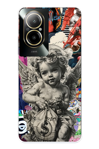 FLAMENKO Realme 12 Lite Compatible Angel Collage Patterned Transparent Phone ...