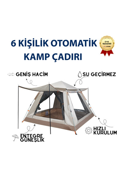 hızlı store AC6637 Su Geçirmez & Güneşlikli 6 Kişilik Otomatik Kamp Çadırı