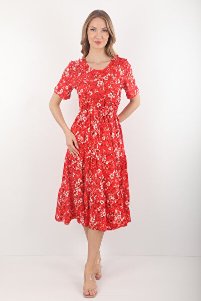 Wild Love Γυναικείο βαμβακερό καλοκαιρινό μίντι φόρεμα με κόκκινο φλοράλ σχέδ...