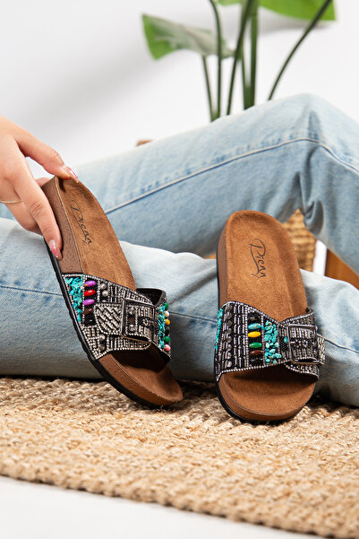 Pien Siyah Pedli Anatomik Rahat Taşlı Tokalı Boncuklu Kadın Terlik