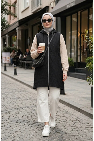 sefamerve Καπιτονέ γιλέκο με κουκούλα και φερμουάρ 12037-01 Μαύρο