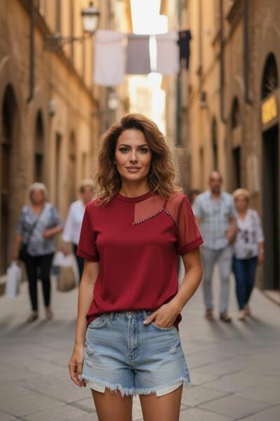 Mossta Bluză din crep cu mâneci scurte și detalii din tul - Roșu