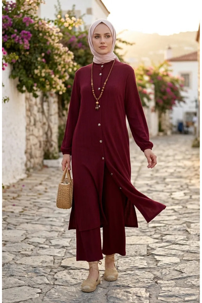 sefamerve Fitilli Düğmeli Tunik Pantolon ikili Takım 2250-04 Bordo