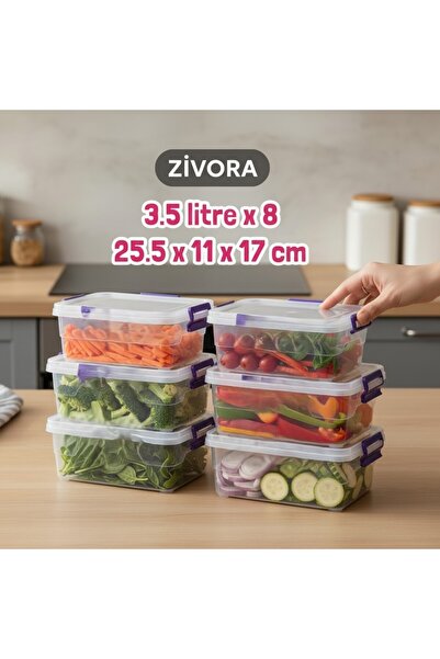ZİVORA مجموعة من 8 حاويات تخزين طعام أفقية سعة 3.5 لتر (3.5x8) مع أغطية بلاست...