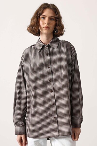 martedi Kareli Çizgili Oversize Trend Gömlek Kahverengi