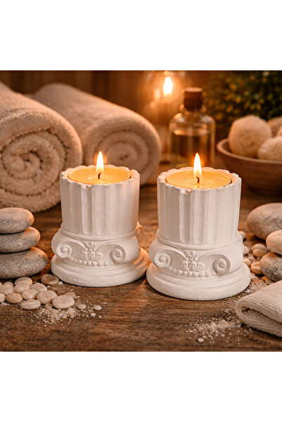 MİREVA Antik Roma Sütun Tealight Mumluk Seti, Beyaz, Taş Tozu, 10 cm, Vintage...