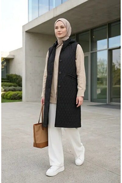 sefamerve Καπιτονέ γιλέκο με κουκούλα και κουμπιά 71315-04 Μαύρο