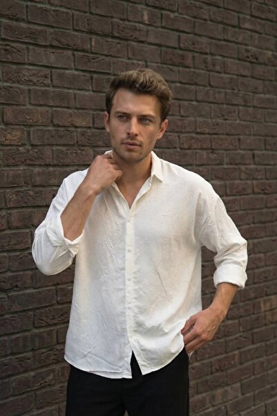 MADZEYMODA Ανδρικό πουκάμισο με εφέ ζάρωσης, εκρού, άνετη γραμμή, καλοκαιρινό...