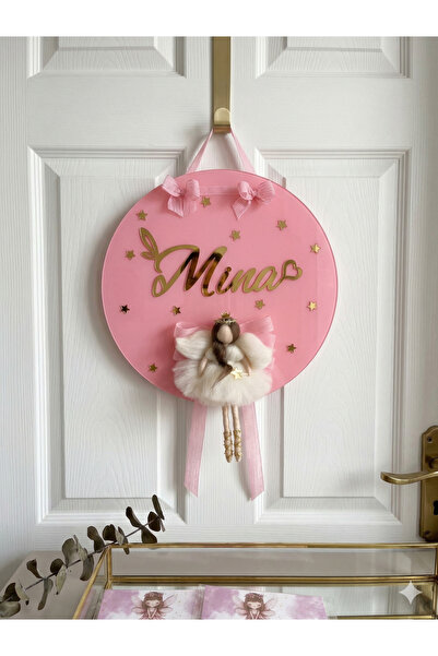 NaturessCo Στρογγυλό στολίδι πόρτας μωρού από πλεξιγκλάς με ροζ φόντο και μωρ...