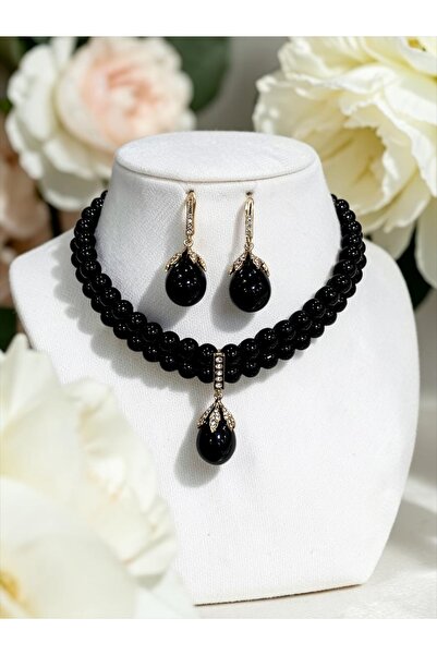 FAYRA ACCESSORIES Kristal Taşlı Mayorka İnci Sallantılı Tasma İnci Kolye ve M...