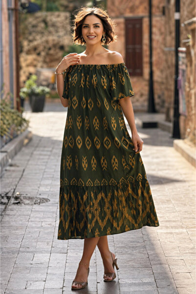 Nevin Kaya Moda V136-Χακί Φόρεμα με γιακά Μαντόνα με σχέδια Ανατολίας