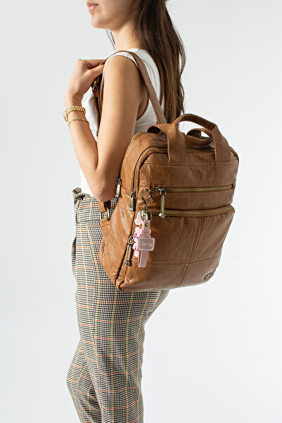 KIRASE 571 Εισαγόμενο δερμάτινο σακίδιο πλάτης με λεπτομέρεια γοητείας, πολλέ...