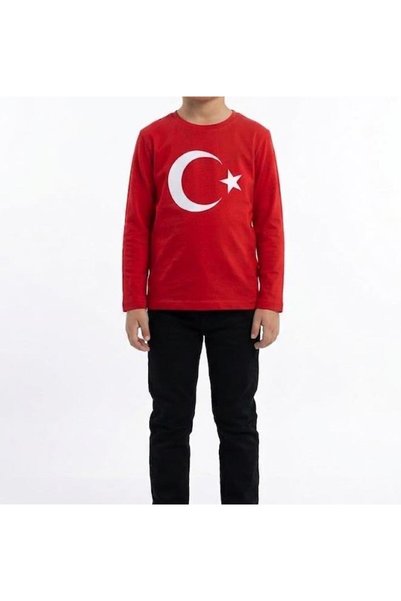 ES Eyüp Selda Erkek Çocuk Ay Yıldız Türk Bayraklı Uzun Kollu Tişört Kırmızı