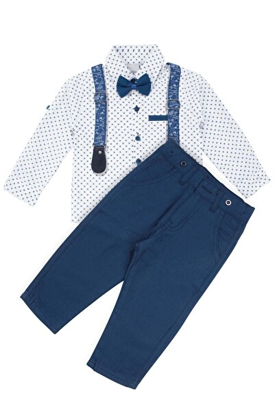 bebegen Boy's White and Blue Square Patterned Shirt with Bow Tie and Suspende...