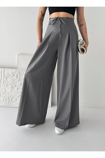 sportiness Ψηλόμεσο παντελόνι παλάτσο με φαρδιά μπατζάκια, κορδόνια και πιέτες