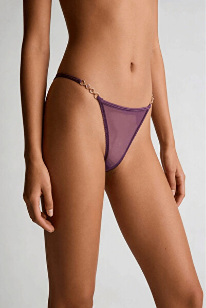 Gece İncisi Μωβ στρινγκ με πέτρες και δαντέλα