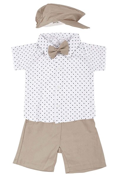 bebegen Baby Boy White Coffee Patterned Shirt, Hat, Bow Tie and Shorts Set