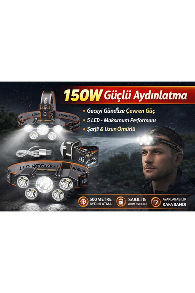 Uzak Store 150W Ultra Güçlü 5 Başlıklı LED Kafa Lambası | Şarjlı | Zoomlu | K...