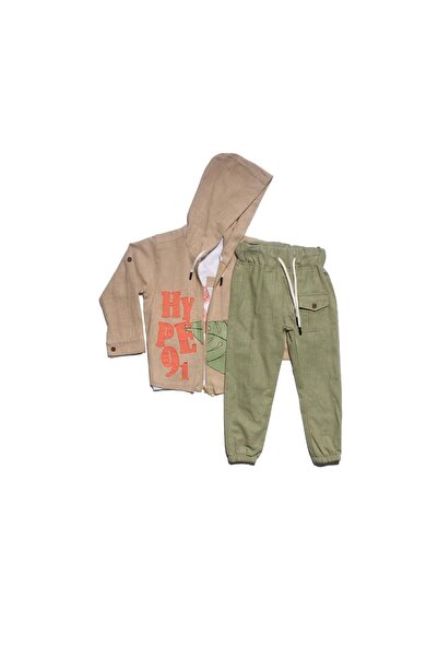 bebegen Boy's Beige Green Leaf Patterned Muslin Cardigan 3-Piece Set