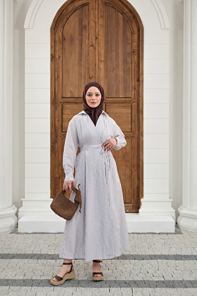 LOCCO Γυναικείο ριγέ φόρεμα με δέσιμο στο πλάι Λευκό-Καφέ