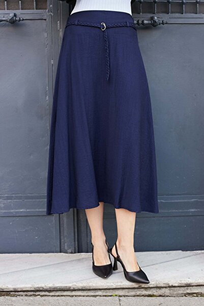 Jument Γυναικεία ψηλόμεση φούστα μίντι με πλεκτή ζώνη και κορσάζ - Μπλε ναυτικό