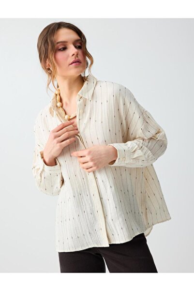 Jimmy Key Πουκάμισο από ύφασμα με ρίγες, σε ανάμεικτο ύφασμα λινό εκρού, με ά...